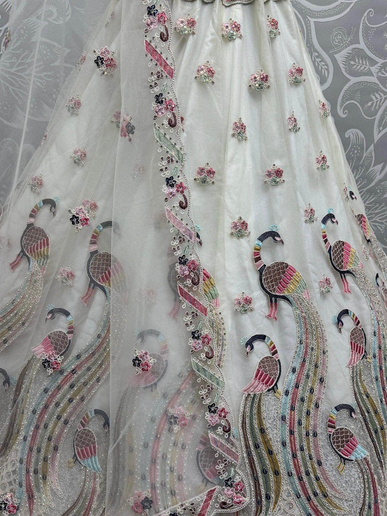 Alluring White Multi - Thread Work Net Bridesmaid Lehenga Choli With Dupatta - Ethnic Plus In