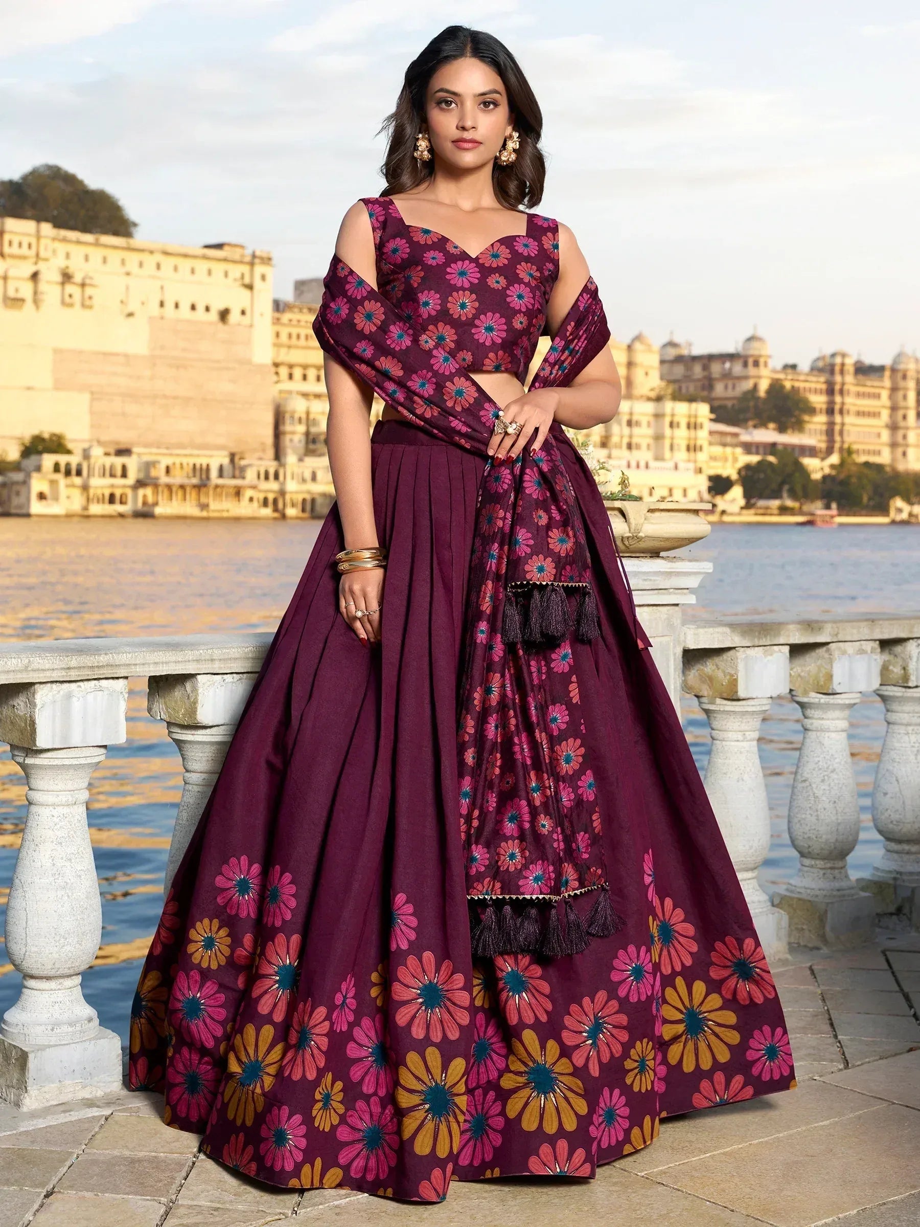 Purple floral lehenga choli with cold shoulder blouse, perfect for Indian ethnic occasions
