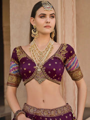 Alluring Wine Foil Printed Silk Wedding Lehenga Choli With Dupatta - Ethnic Plus In