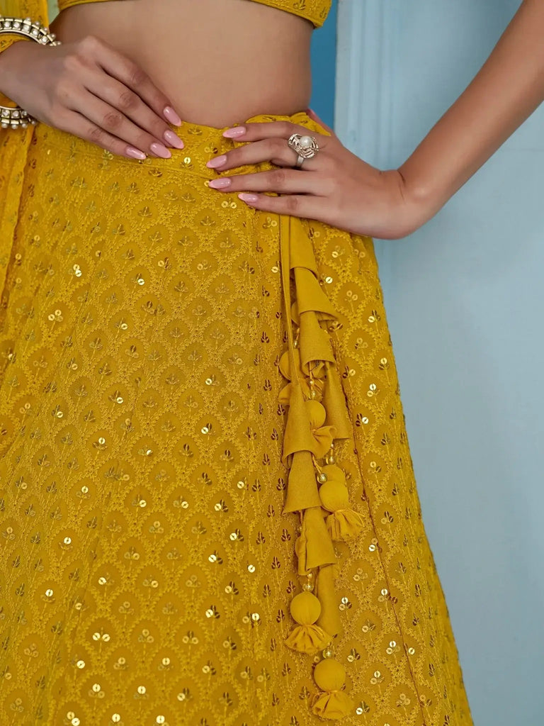 Alluring Yellow Sequins Work Georgette Haldi Wear Lehenga Choli - Ethnic Plus In
