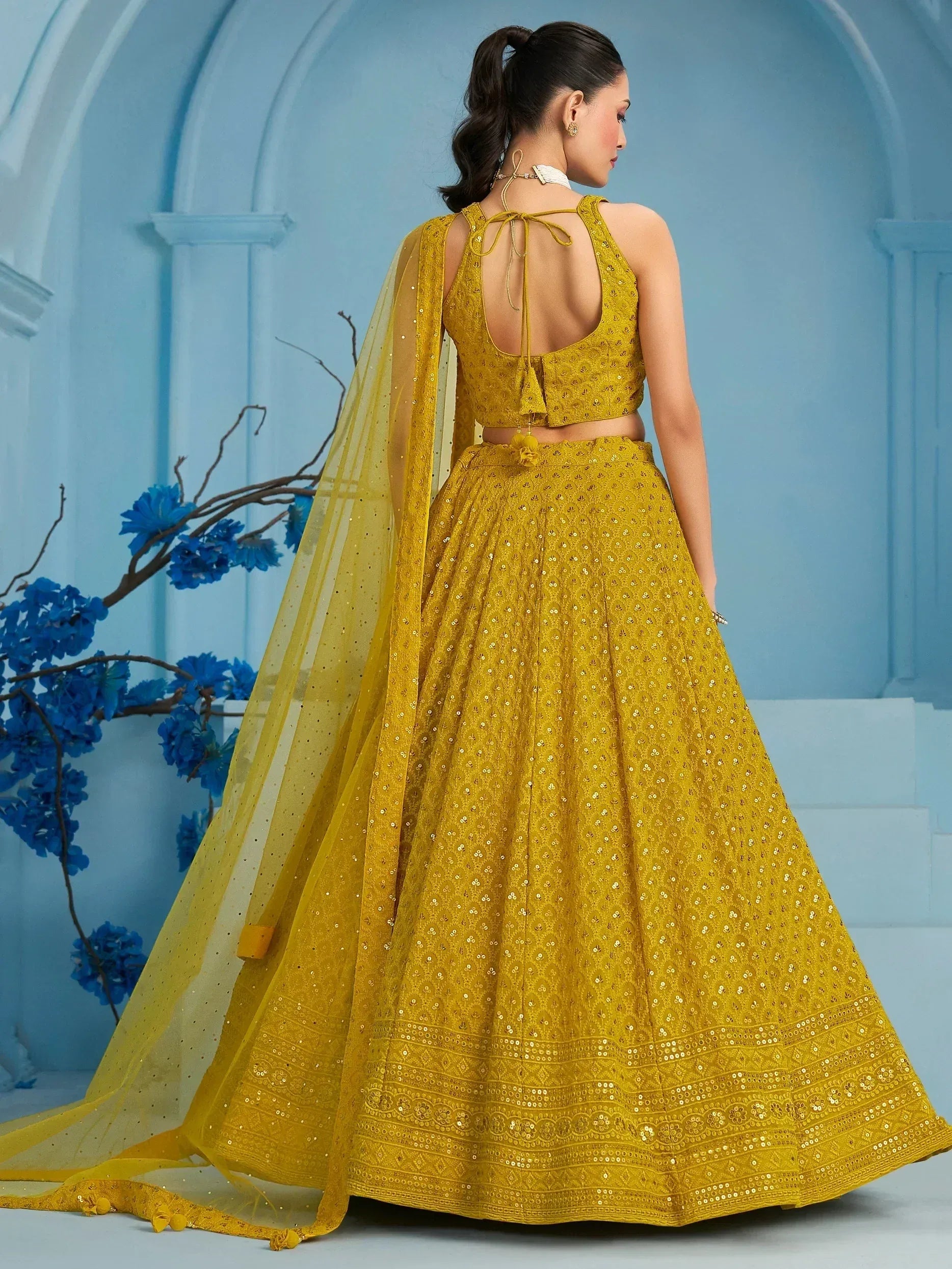 Yellow sequin lehenga choli with back tie blouse and sheer dupatta, Indian ethnic wear