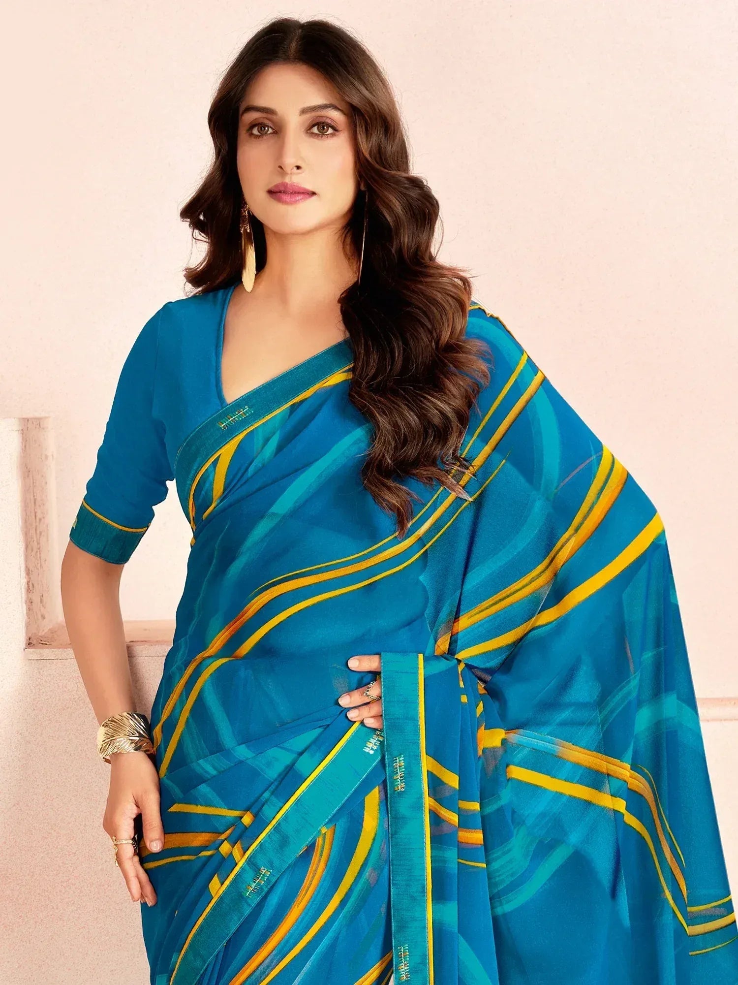Blue and yellow striped saree with matching blouse, elegant Indian ethnic wear for women