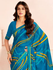 Alluring Blue Digital Printed Georgette Casual Wear Saree With Blouse