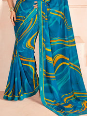 Alluring Blue Digital Printed Georgette Casual Wear Saree With Blouse