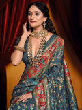 Alluring Dark Grey Printed Tussar Silk Traditional Saree With Blouse