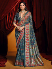 Alluring Dark Grey Printed Tussar Silk Traditional Saree With Blouse
