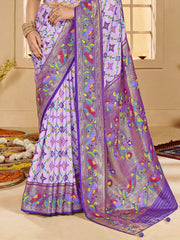 Alluring Lavender Ikkat Printed Cotton Traditional Saree With Blouse