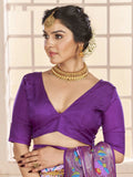 Alluring Lavender Ikkat Printed Cotton Traditional Saree With Blouse