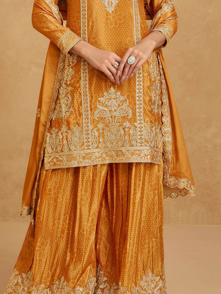 Alluring Mustard Yellow Embroidered Chinon Festival Wear Palazzo Suit