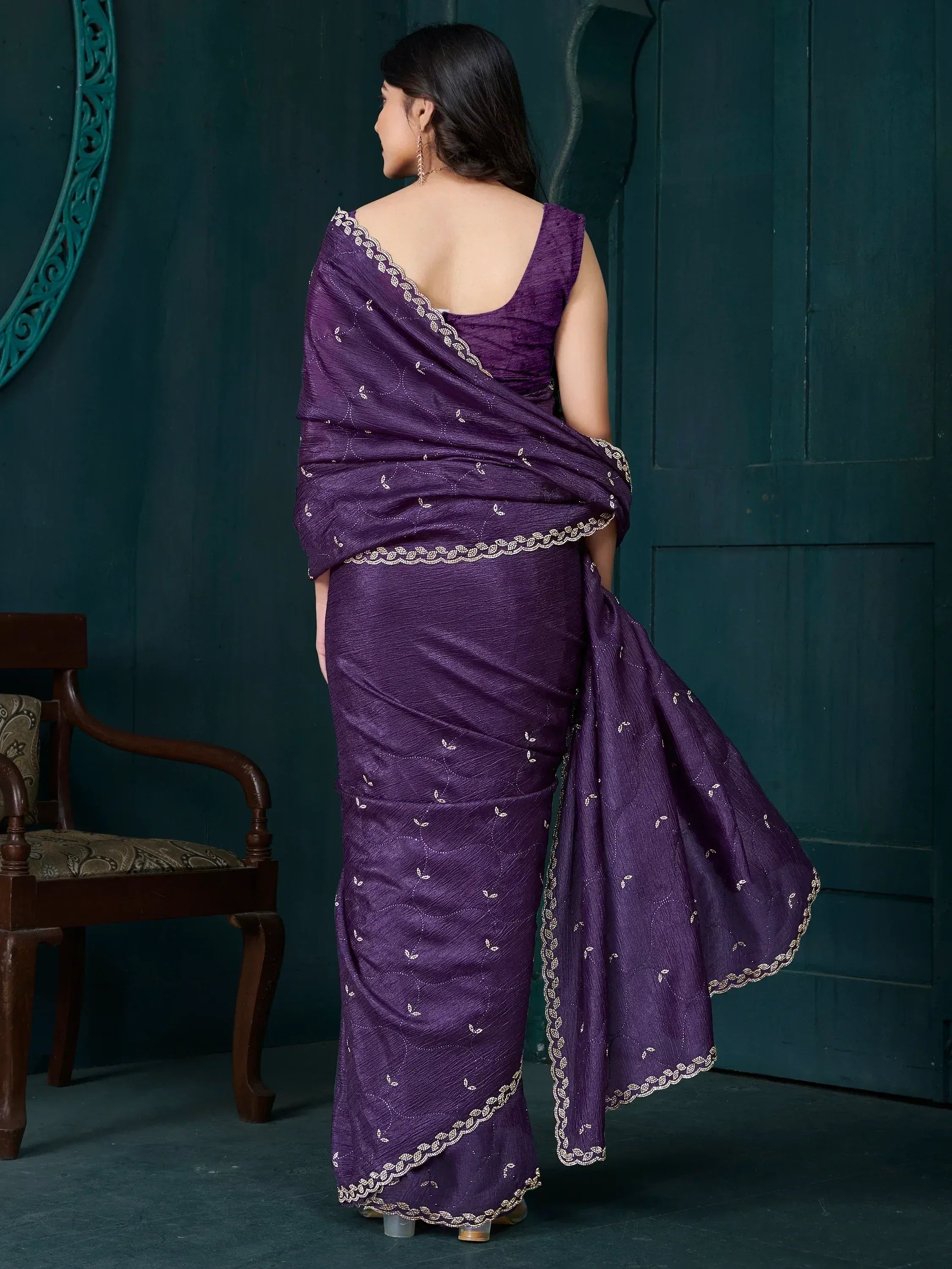 Purple ethnic saree with gold embroidery, back view, Indian designer wear