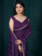 Alluring Purple Diamond Work Crepe Party Wear Saree With Blouse