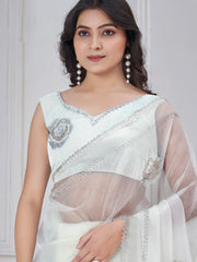 Alluring White Jarkan Work Organza Casual Wear Saree With Blouse