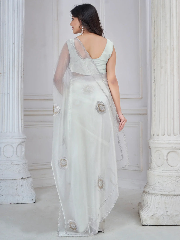 Alluring White Jarkan Work Organza Casual Wear Saree With Blouse