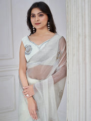 Alluring White Jarkan Work Organza Casual Wear Saree With Blouse