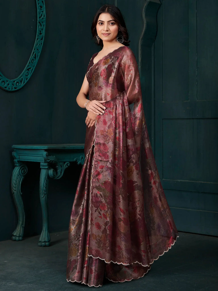 Alluring Wine Floral Printed Silk Event Wear Saree With Blouse