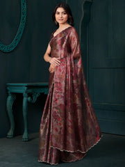 Alluring Wine Floral Printed Silk Event Wear Saree With Blouse