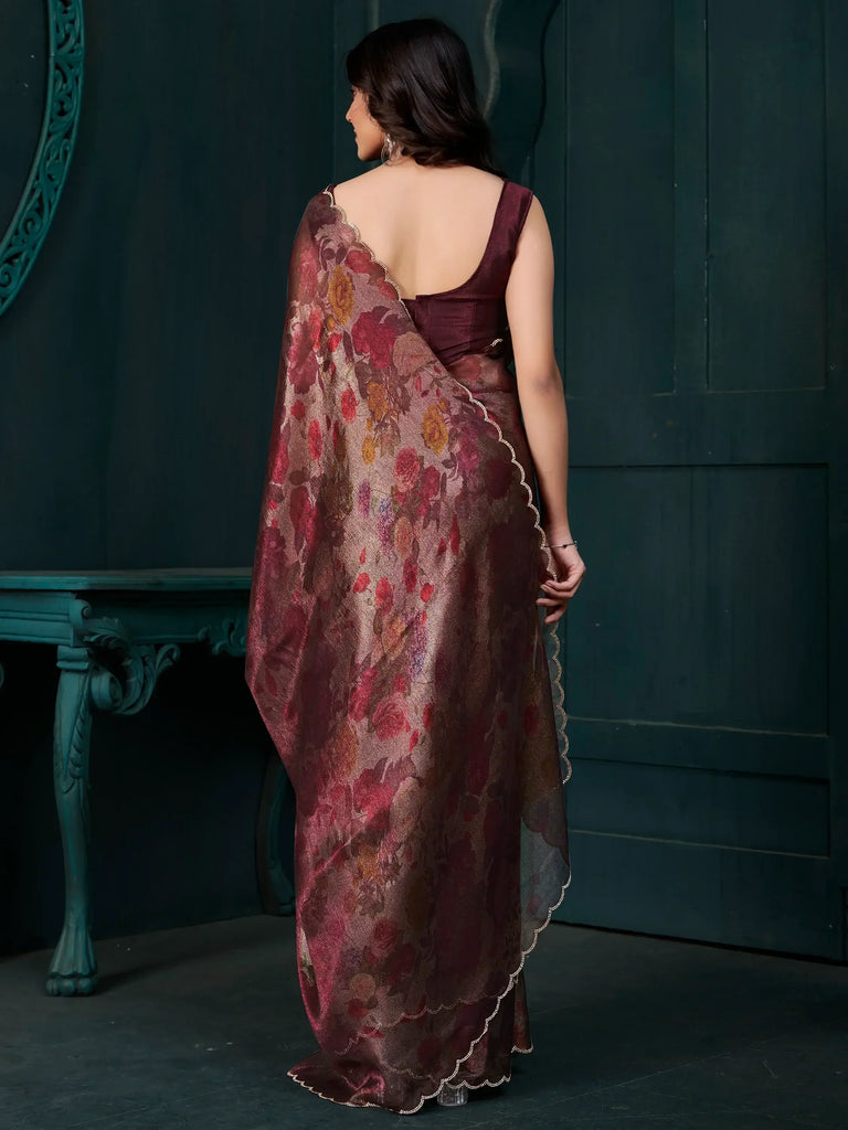 Alluring Wine Floral Printed Silk Event Wear Saree With Blouse