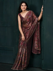 Alluring Wine Floral Printed Silk Event Wear Saree With Blouse
