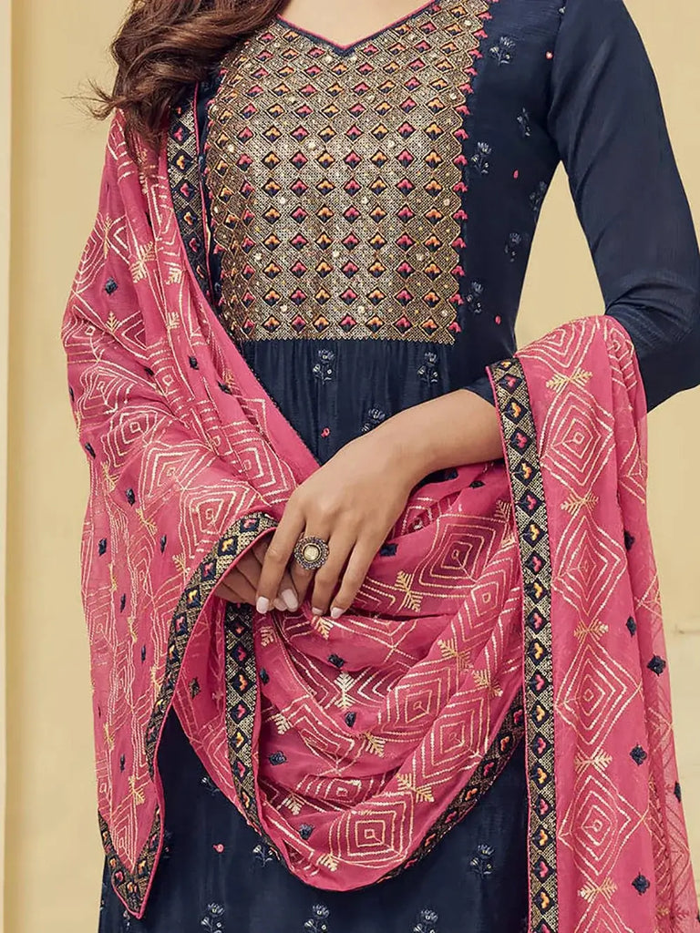 Spectacular Blue Thread Work Georgette Event Wear Pant Suit