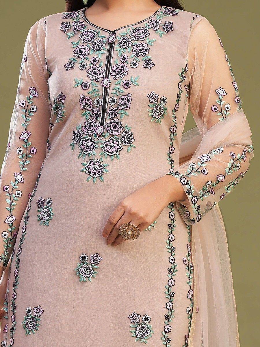 Pink embroidered salwar kameez with floral appliqué, sheer sleeves, and delicate neckline detailing