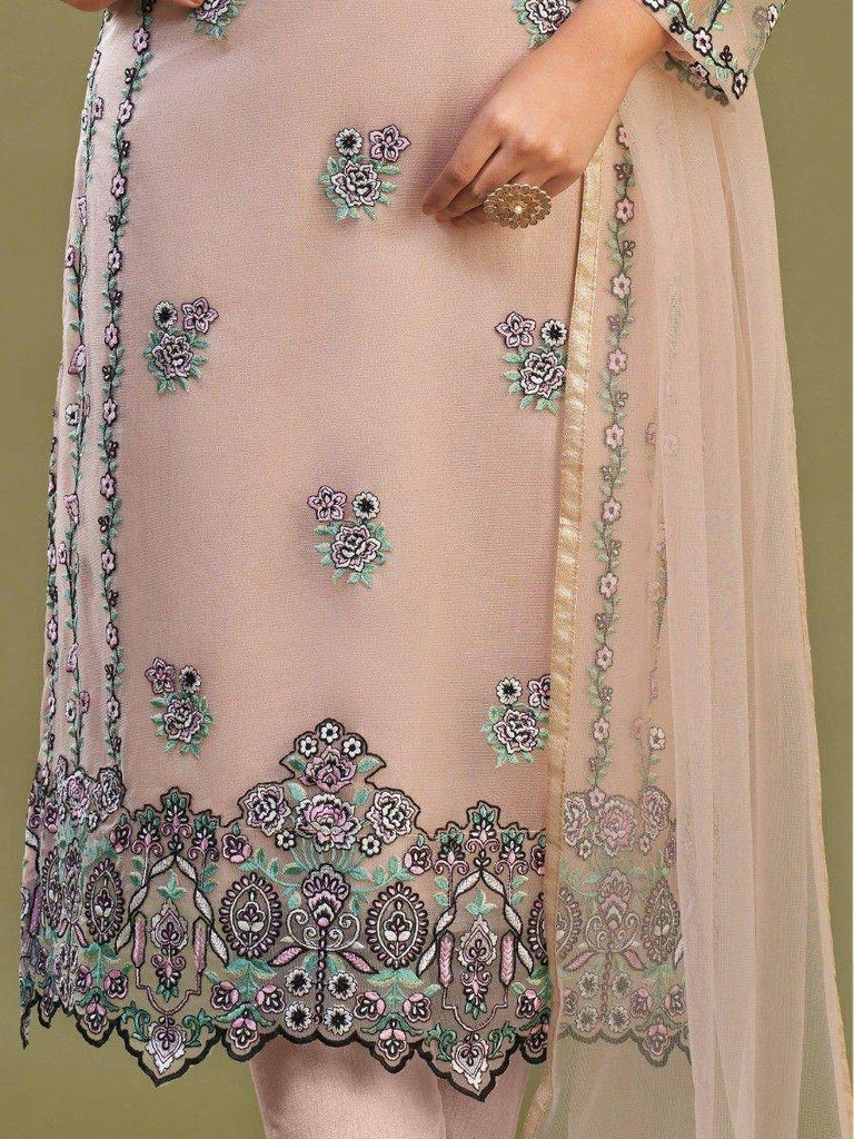 Mesmerizing Peach Embroidered Net Traditional Pant Suit With Dupatta