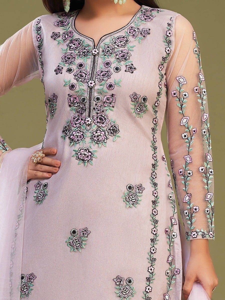 Light blue embroidered salwar kameez with floral detailing and matching dupatta, ideal for ethnic occasions.