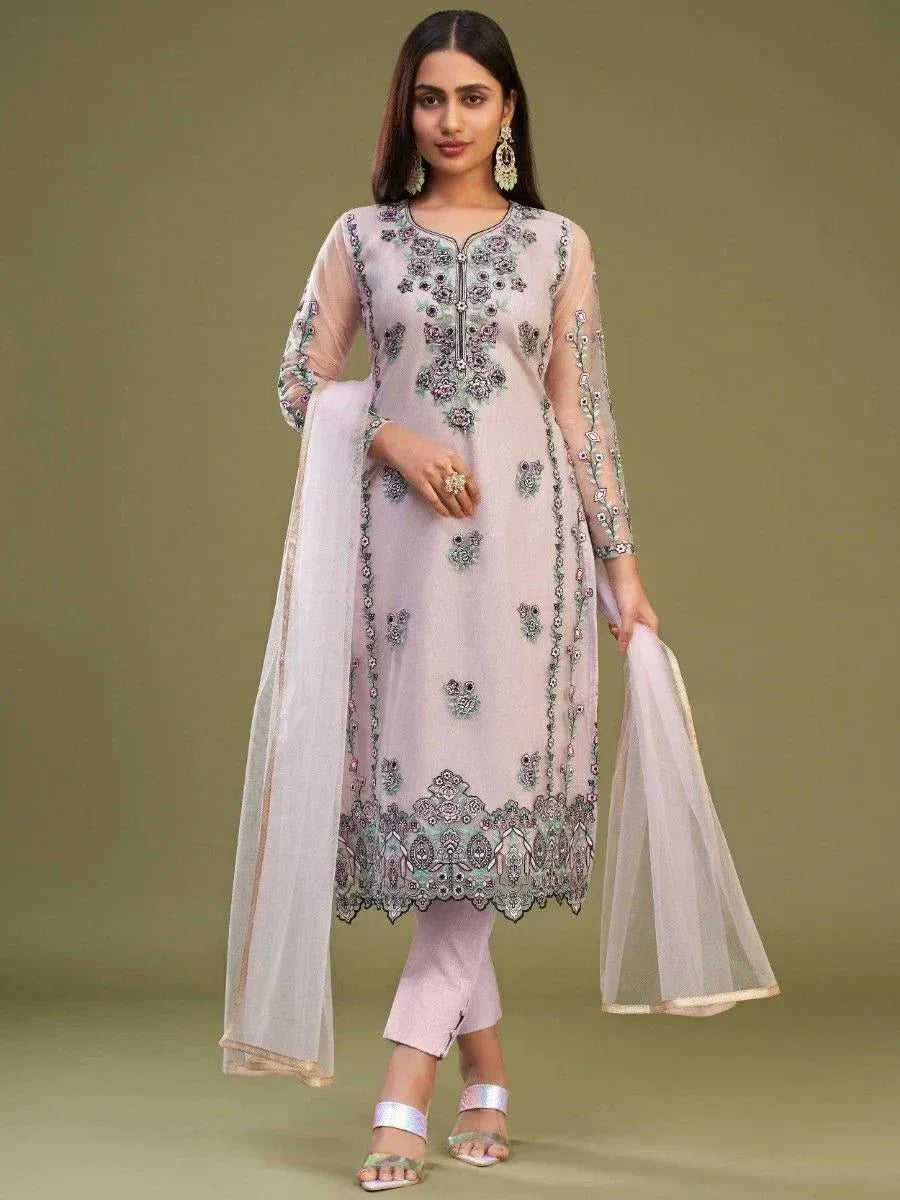 Elegant lavender embroidered salwar kameez with sheer dupatta, perfect for Indian ethnic wear occasions