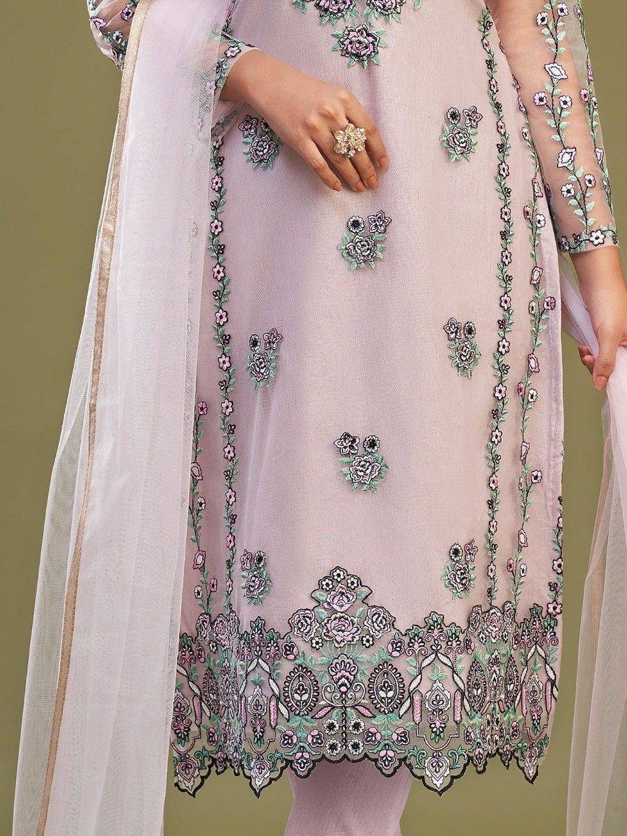 Pink embroidered salwar kameez with floral detailing and sheer dupatta, perfect for ethnic occasions.