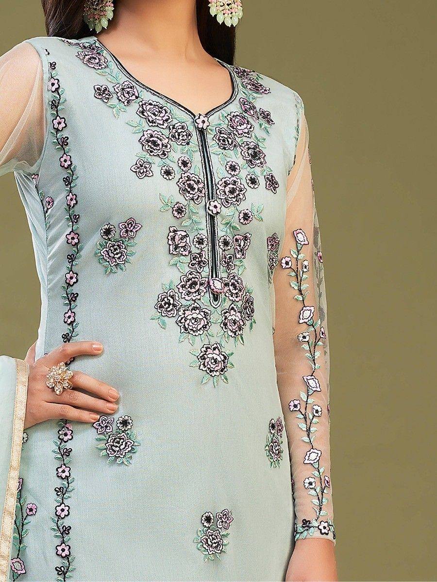Light blue embroidered kurti with floral design, sheer sleeves, and matching dupatta for ethnic wear