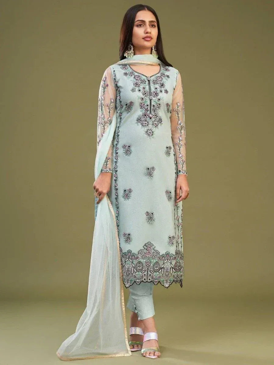 Light blue embroidered salwar kameez with sheer sleeves and matching dupatta, ideal for Indian ethnic wear occasions