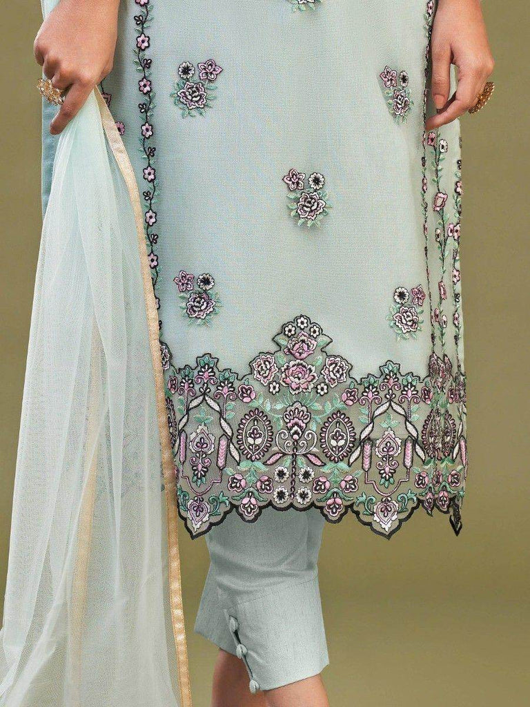 Gorgeous Firozi Embroidered Net Reception Wear Pant Suit With Dupatta