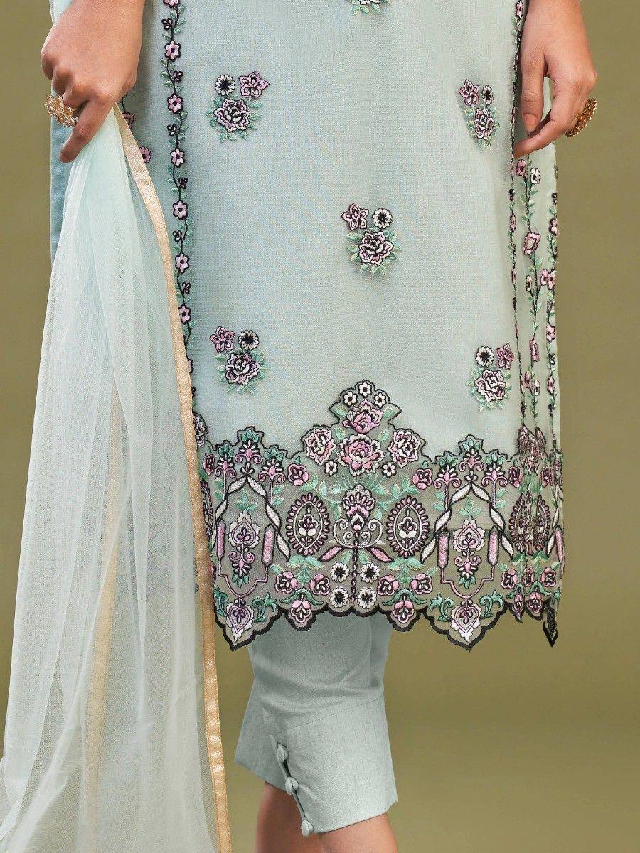 Light blue embroidered salwar kameez with floral motifs and matching dupatta, ideal for ethnic wear occasions.