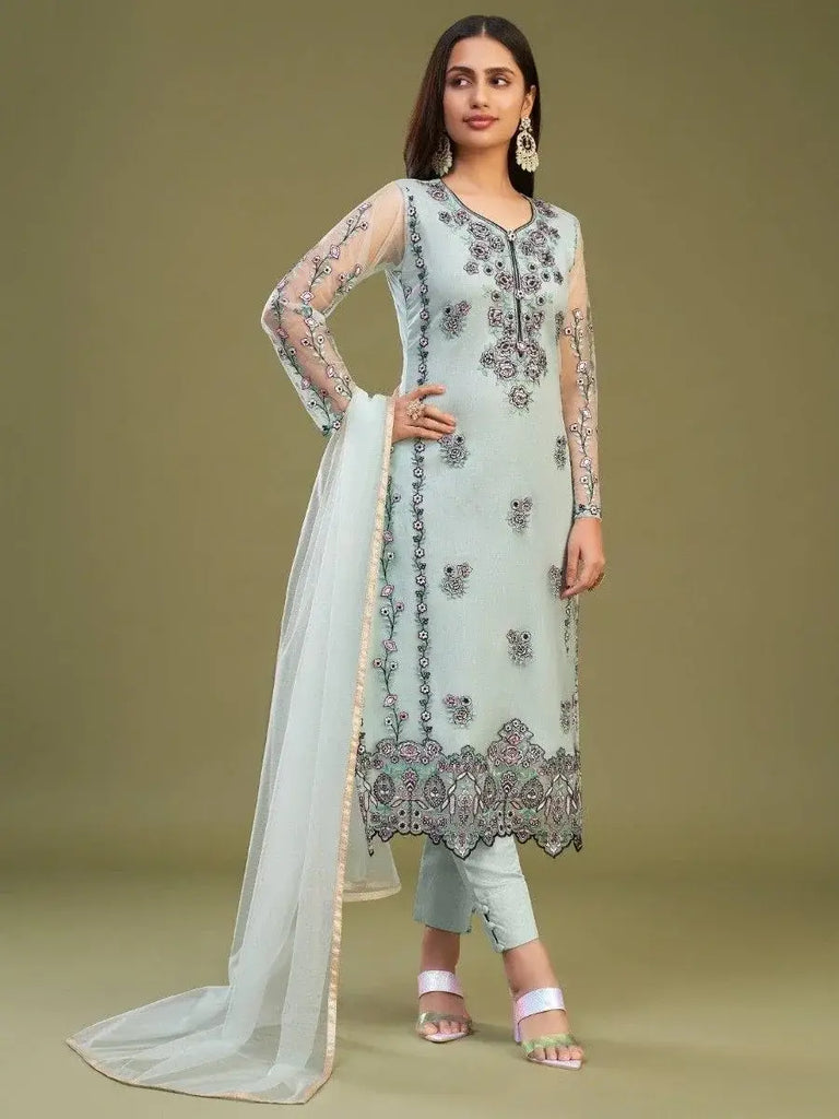 Gorgeous Firozi Embroidered Net Reception Wear Pant Suit With Dupatta