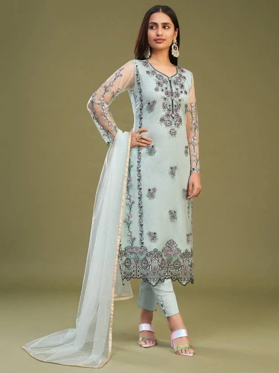 Light blue embroidered salwar kameez with sheer sleeves and dupatta, perfect for ethnic occasions