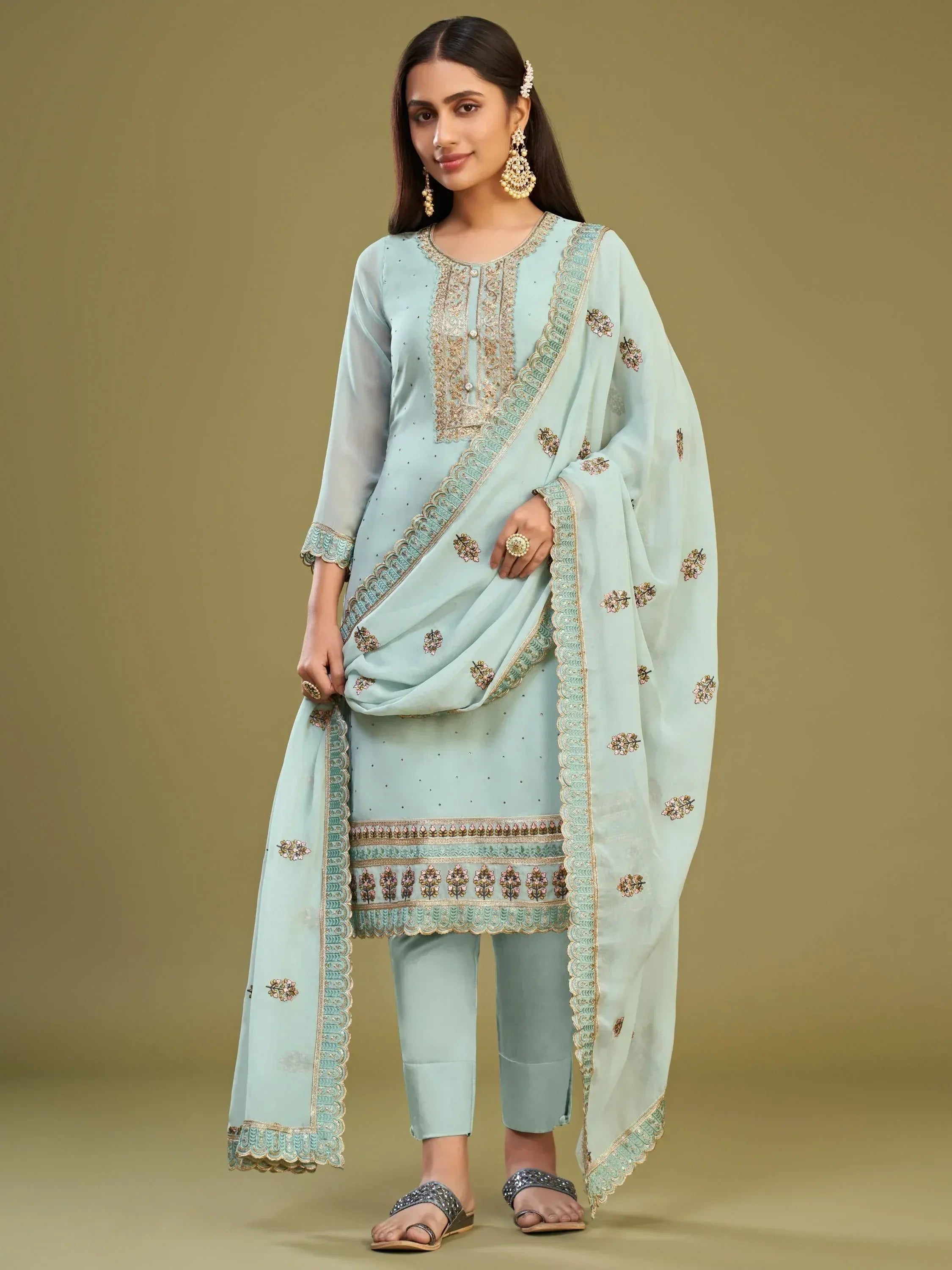 Light blue embroidered salwar kameez with floral dupatta, perfect for Indian ethnic wear occasions.