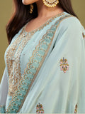 Gorgeous Sky-Blue Multi-Thread Work Georgette Festival Wear Pant Suit