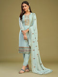 Gorgeous Sky-Blue Multi-Thread Work Georgette Festival Wear Pant Suit