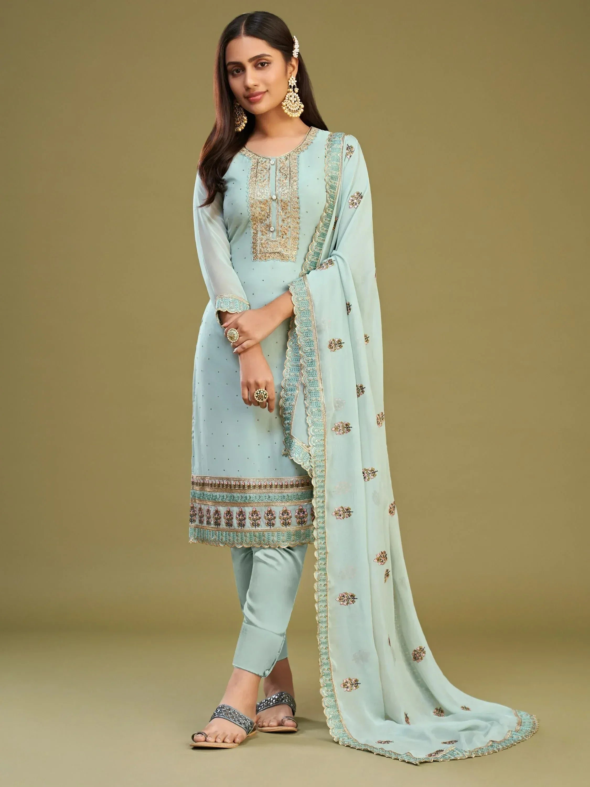 Light blue embroidered salwar kameez with floral dupatta, perfect for Indian ethnic wear occasions