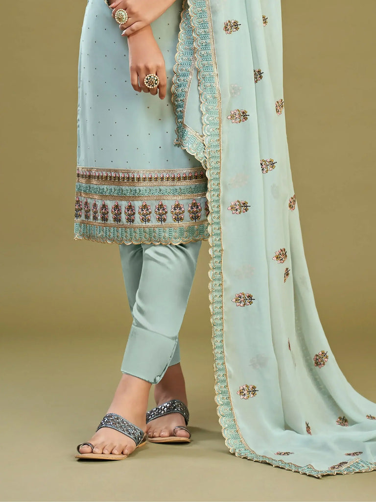 Gorgeous Sky-Blue Multi-Thread Work Georgette Festival Wear Pant Suit