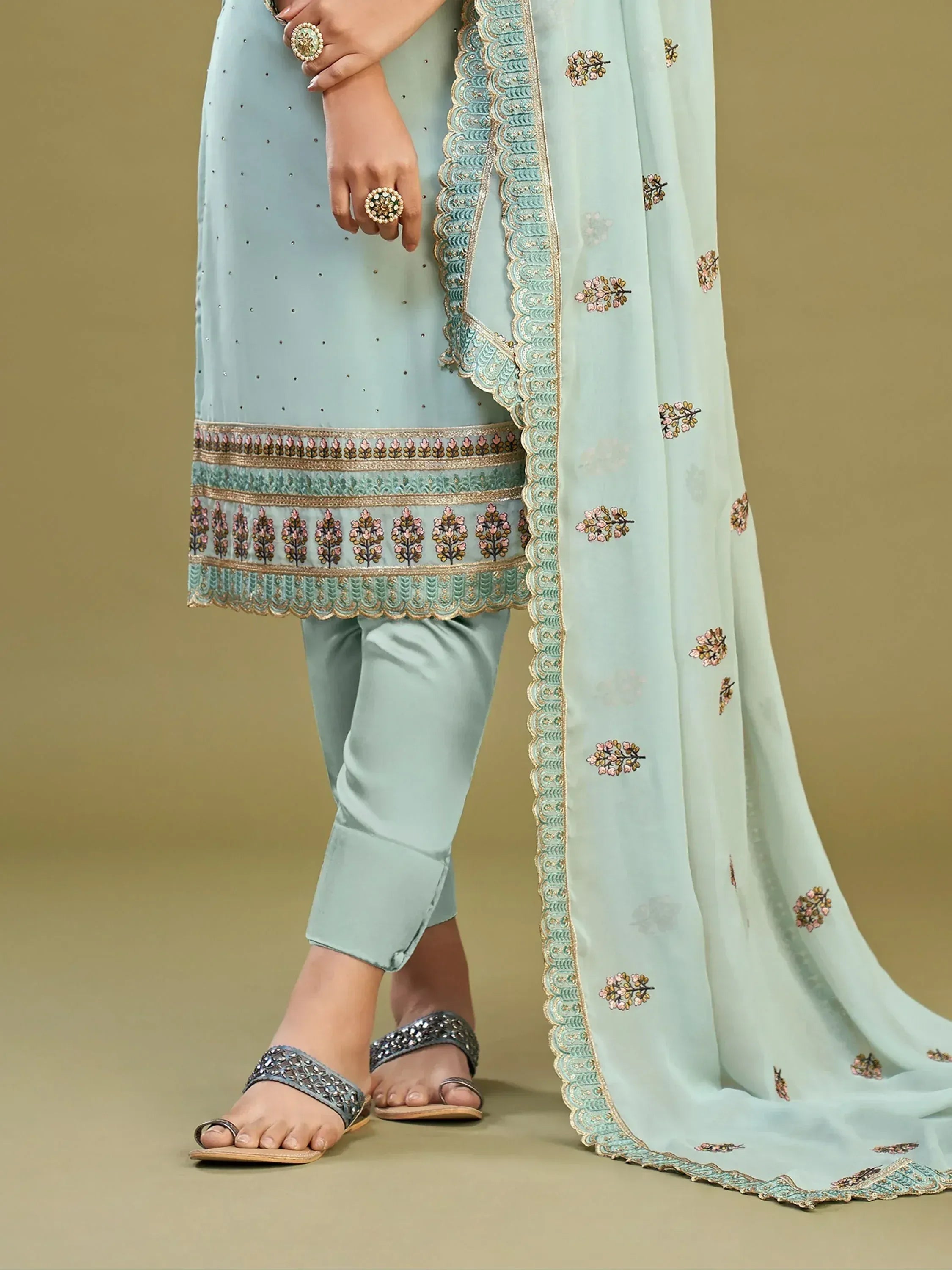 Light blue embroidered salwar kameez with floral dupatta, perfect for ethnic occasions