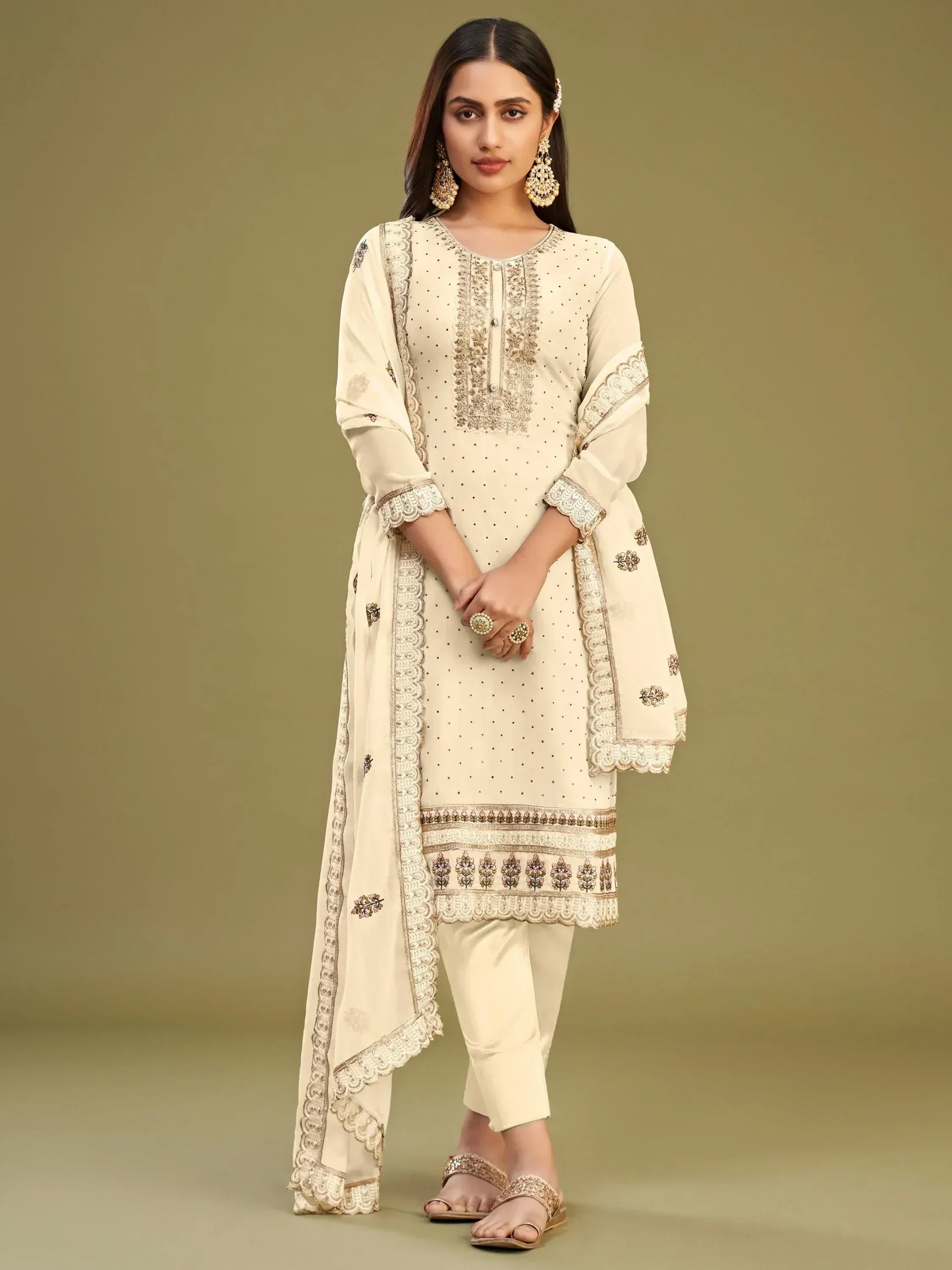 Cream embroidered salwar kameez with floral motifs and scalloped dupatta, perfect for ethnic occasions.