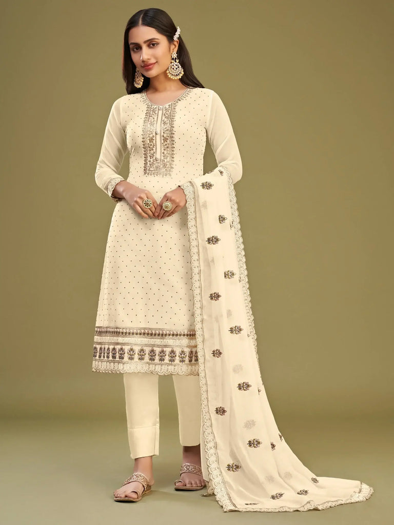 Stunning Beige Multi-Thread Work Georgette Event Wear Pant Suit