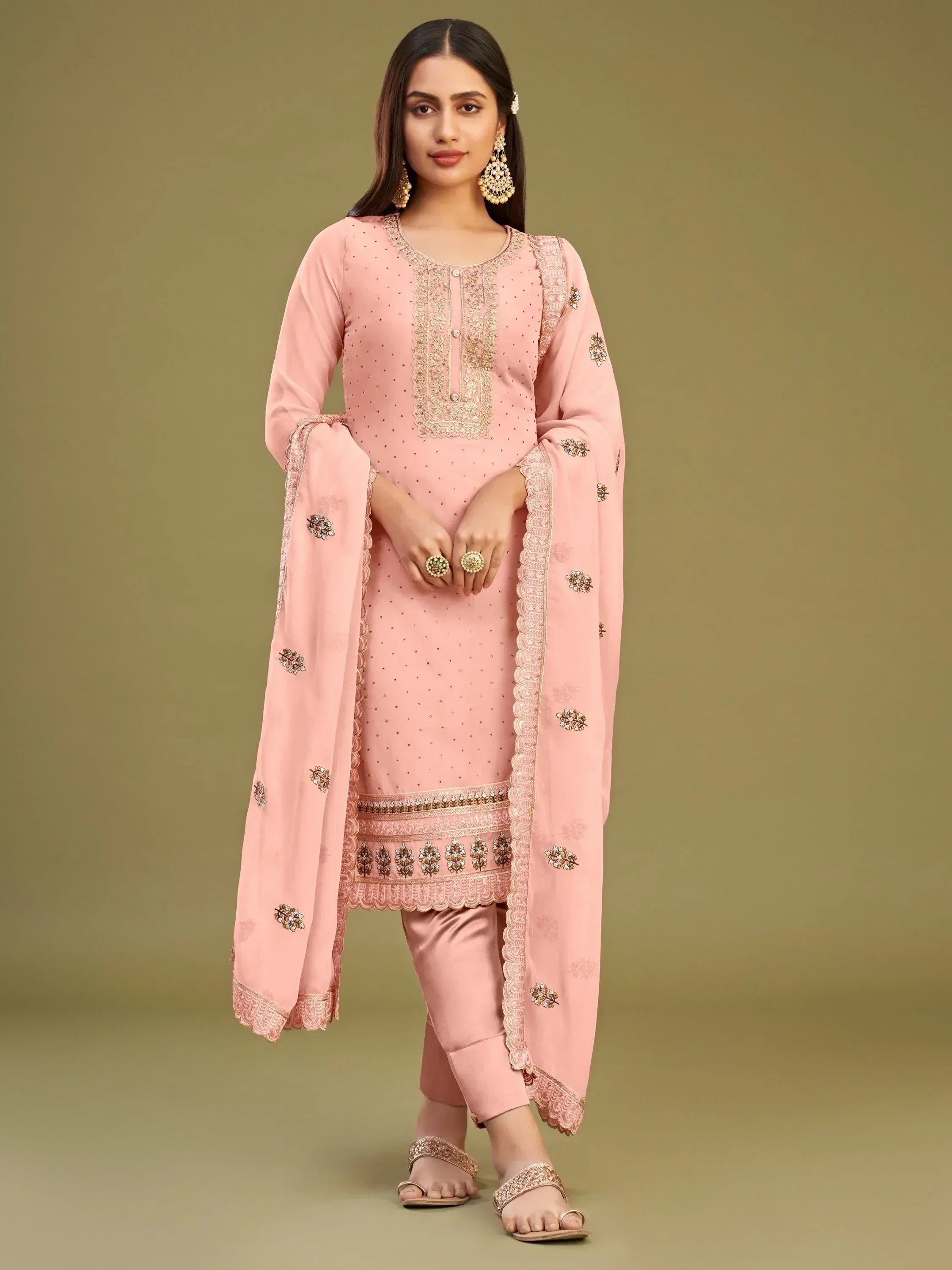 Pink embroidered salwar kameez with gold detailing, perfect for Indian ethnic wear occasions