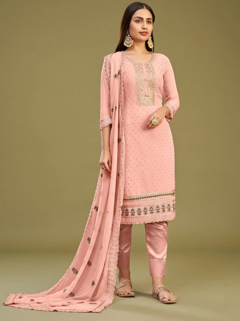 Adorable Pink Multi-Thread Work Georgette Function Wear Pant Suit