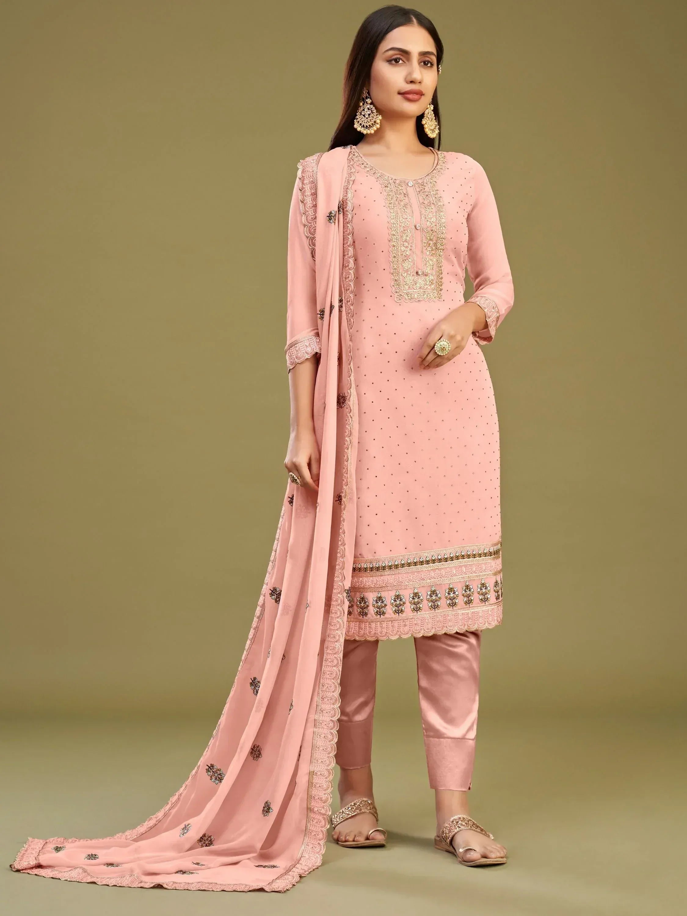 Pink embroidered salwar kameez with matching dupatta, ethnic wear for women