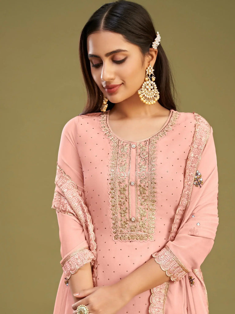 Adorable Pink Multi-Thread Work Georgette Function Wear Pant Suit