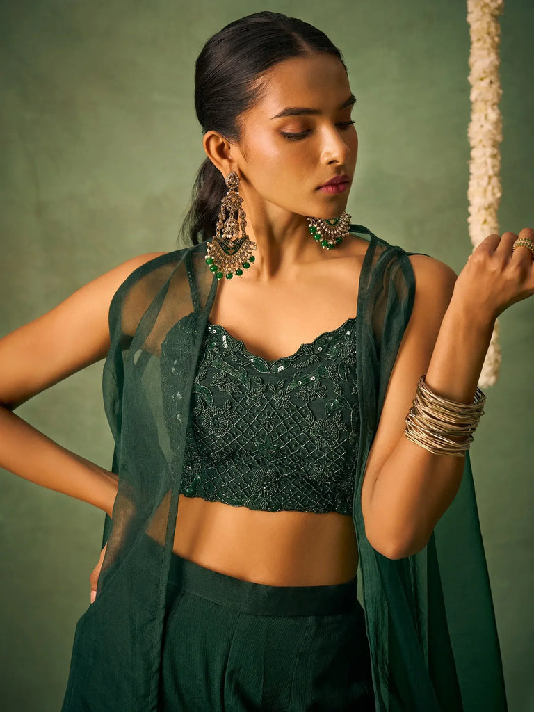 Enchanting Green Chinon Designer Crop Top Palazzo With Shrug