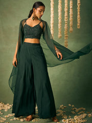 Enchanting Green Chinon Designer Crop Top Palazzo With Shrug