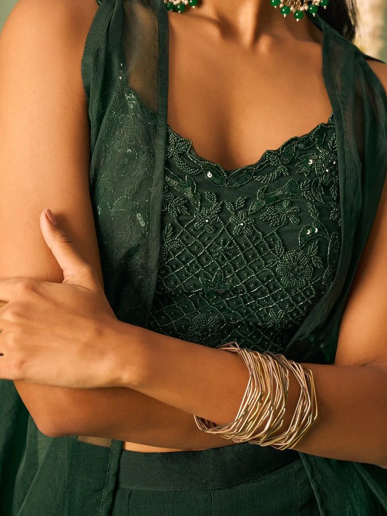 Enchanting Green Chinon Designer Crop Top Palazzo With Shrug