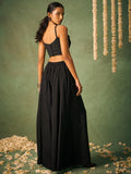 Glamorous Black Chinon Party Wear Crop Top Palazzo With Shrug